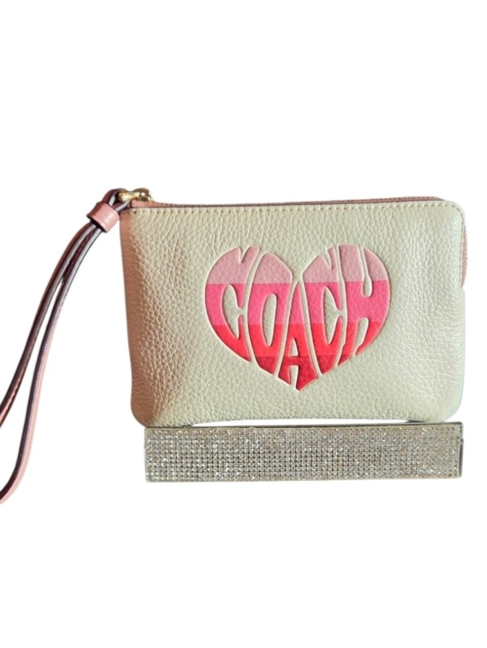 Coach Heart Logo Corner Zip Wristlet Pink Chalk Stripe EUC